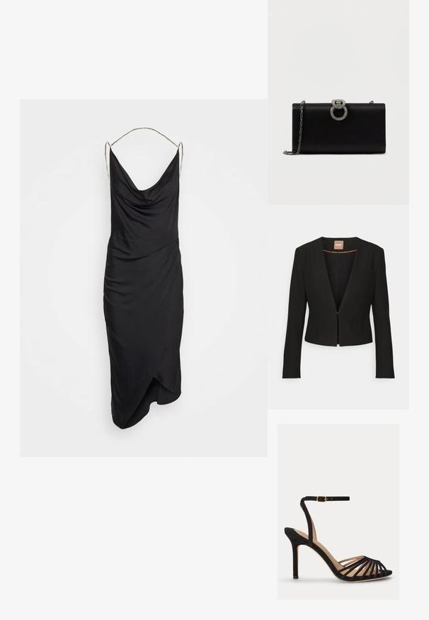 Blazer negro cortado con un profundo escote en V, mangas largas y un único cierre frontal. Hecho de una tela suave y resistente con un brillo sutil.; Et Ochs ILA CHAIN COWL NECK MIDI DRESS - Vestido de cóctel - black; Sandalia negra de tacón alto con puntera abierta, múltiples tiras delanteras finas y una correa ajustable en el tobillo con hebilla dorada.; Bolso de mano de satén negro con un cierre circular en tono plateado adornado con strass, cuenta con una correa de cadena desmontable.