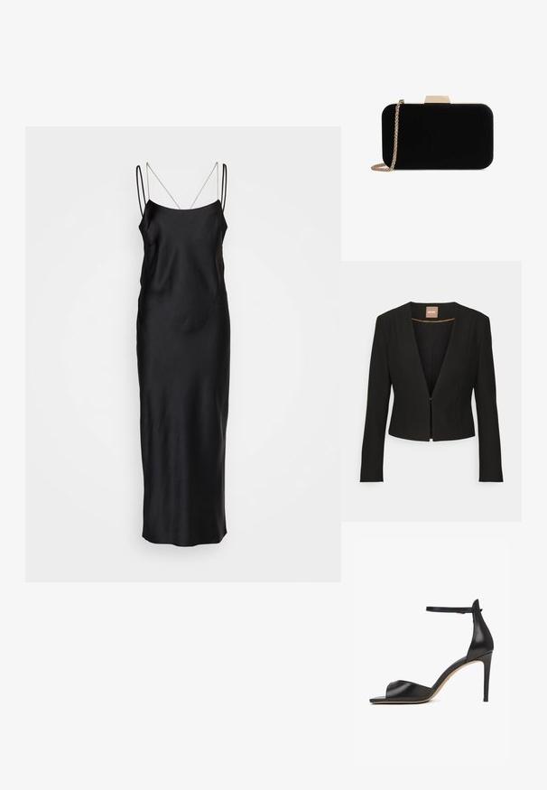 Schwarze, verkürzte Jacke mit tiefem V-Ausschnitt, langen Ärmeln und einem einzelnen vorderen Verschluss. Hergestellt aus einem glatten, robusten Stoff mit einem dezenten Glanz.; HUGO KENZEL - Cocktailkleid/festliches Kleid - black; Schwarze Sandale mit hohem Absatz, Knöchelriemen, offenem Zehenbereich und schlankem Stilettoabsatz auf weißem Hintergrund.; Schwarze Samt-Clutch mit goldfarbener Hardware, rechteckiger Form und Kettenriemen, mit glatter Textur und ohne sichtbare Muster.