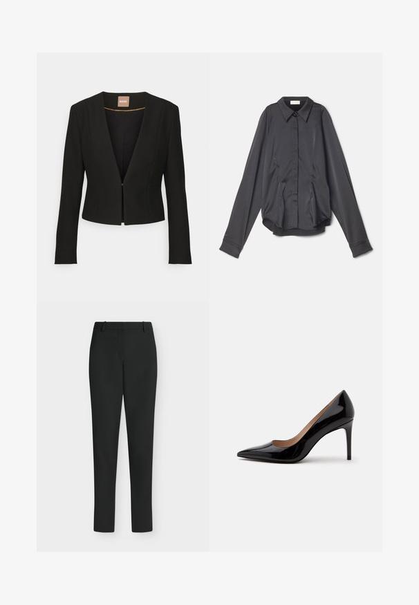 Sort cropped blazer med dyb V-udskæring, lange ærmer og en enkelt frontlås. Lavet af et glat, robust stof med en subtil glans.; Sara Battaglia PUFF SLEEVE - Skjortebluser - black; Sorte, tætsiddende bukser med bæltestropper, forlynlås og lige ben, vist mod en hvid baggrund.; Sort laklæder pumps med høje hæle, spids snude og stilethæl, vist i sideprofil på en ensfarvet hvid baggrund.