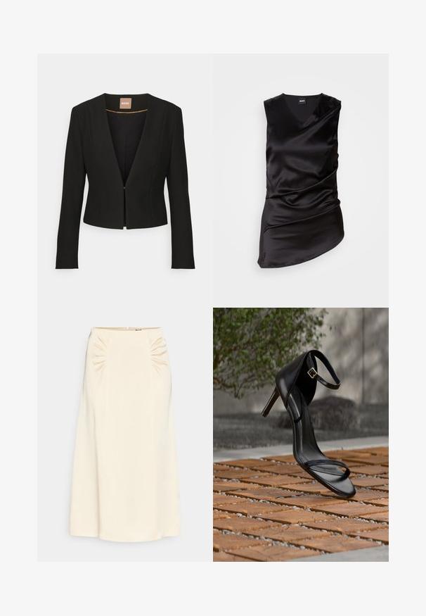 Blazer negro cortado con un profundo escote en V, mangas largas y un único cierre frontal. Hecho de una tela suave y resistente con un brillo sutil.; Top negro sin mangas hecho de satén liso, con un escote en forma de V y un diseño drapeado, con dobladillo asimétrico y una sutil textura fruncida.; Falda midi color crema con detalle fruncido en la cintura y una textura suave y elegante. Presenta una cremallera lateral para el cierre.; Sandalia negra de tacón alto con correa en el tobillo, parece suspendida sobre un suelo de baldosas de madera al aire libre, con un fondo difuminado de vegetación y piedra.