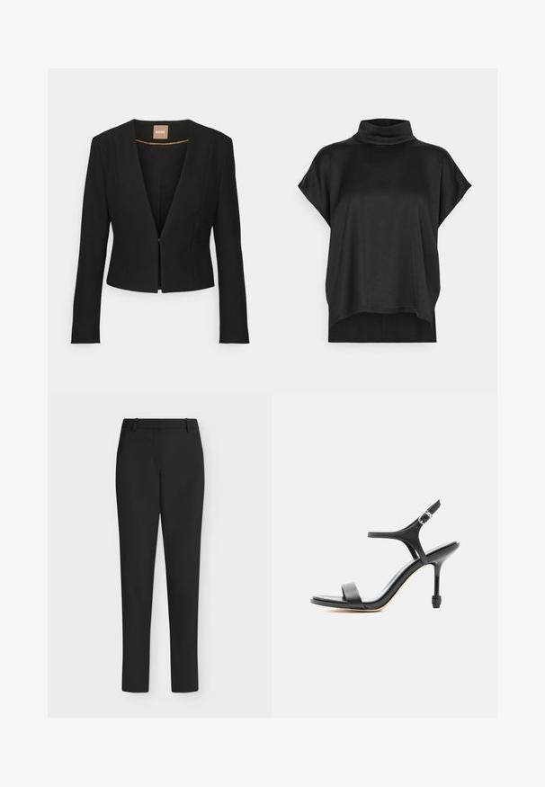 Sort cropped blazer med dyb V-udskæring, lange ærmer og en enkelt frontlås. Lavet af et glat, robust stof med en subtil glans.; Sort kortærmet top med en mock turtleneck. Blødt, glat stof med en løs drapering og en lige kant. Minimalistisk design, uden dekorationer.; Sorte, tætsiddende bukser med bæltestropper, forlynlås og lige ben, vist mod en hvid baggrund.; Sort læder sandal med høje hæle, tynde stropper, åben tå og justerbar ankelspænde, vist mod en ensartet hvid baggrund.