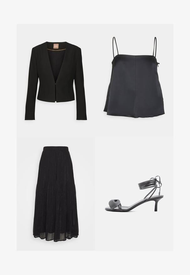 Sort cropped blazer med dyb V-udskæring, lange ærmer og en enkelt frontlås. Lavet af et glat, robust stof med en subtil glans.; House of Dagmar SHINY STRAP TOP - Top - dark navy; Bruuns Bazaar A-snit nederdel - black; Grå læder sandal med hæl, knyttet rem ved tæerne og snørebånd, der vikles om anklen, på slank mellemhøj hæl mod hvid baggrund.