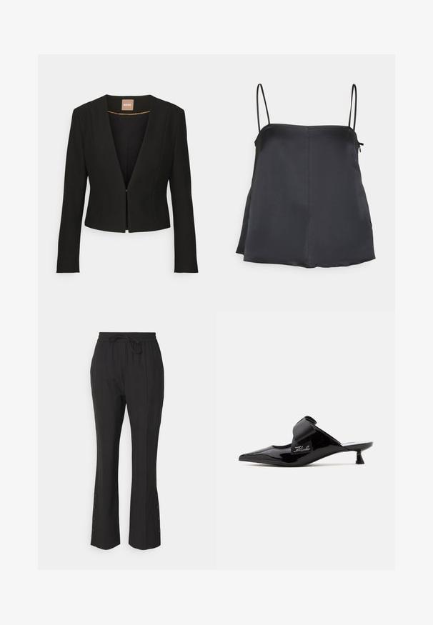 Zwarte cropped blazer met een diepe V-hals, lange mouwen en een enkele sluiting aan de voorkant. Gemaakt van een gladde, stevige stof met een subtiele glans.; House of Dagmar SHINY STRAP TOP - Top - dark navy; Zwarte broek met een tailleband met trekkoord, taps toelopende pasvorm en decoratieve knoopdetails aan de zoom. Soepele stof met een lichte glans.; Zwarte lakleren muil met spitse neus, lage kittenhak, grote decoratieve strik en klein strassdetail aan de zijkant.