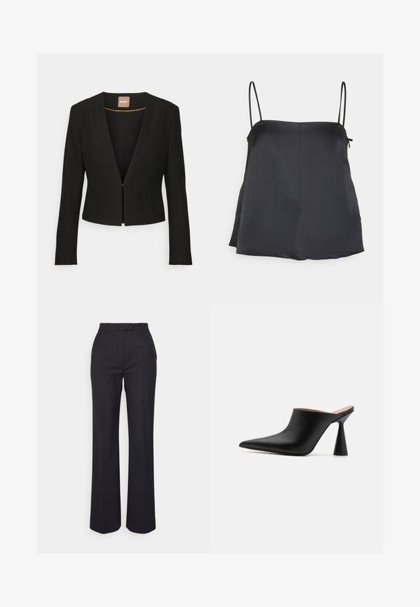 Zwarte cropped blazer met een diepe V-hals, lange mouwen en een enkele sluiting aan de voorkant. Gemaakt van een gladde, stevige stof met een subtiele glans.; House of Dagmar SHINY STRAP TOP - Top - dark navy; Zwarte op maat gemaakte broek met een hoge taille, voorzien van een recht model, plooien en een gladde textuur. Geen zichtbare hardware of versieringen.; Zwarte leren muiltjes met een spitse neus en een unieke kegelvormige hak. Glad oppervlak en minimalistisch ontwerp, open achterkant voor gemakkelijk aan- en uittrekken.