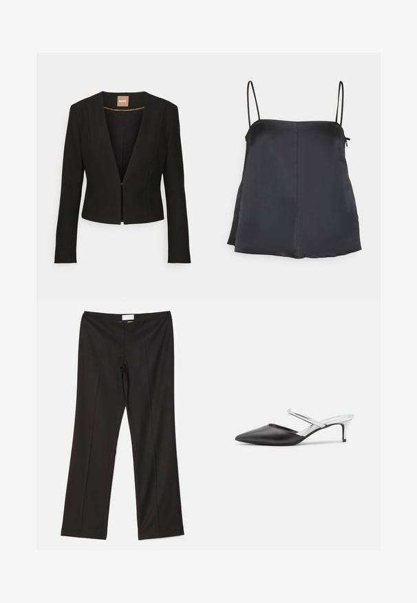 Blazer negro cortado con un profundo escote en V, mangas largas y un único cierre frontal. Hecho de una tela suave y resistente con un brillo sutil.; House of Dagmar SHINY STRAP TOP - Top - dark navy; Sara Battaglia HIGH WAIST PANTS - Pantalones - black; Zapatos de tacón abierto de piel negra con puntera puntiaguda, que cuentan con una correa de tobillo plateada y un tacón metálico bajo. Acabado texturizado en el material.