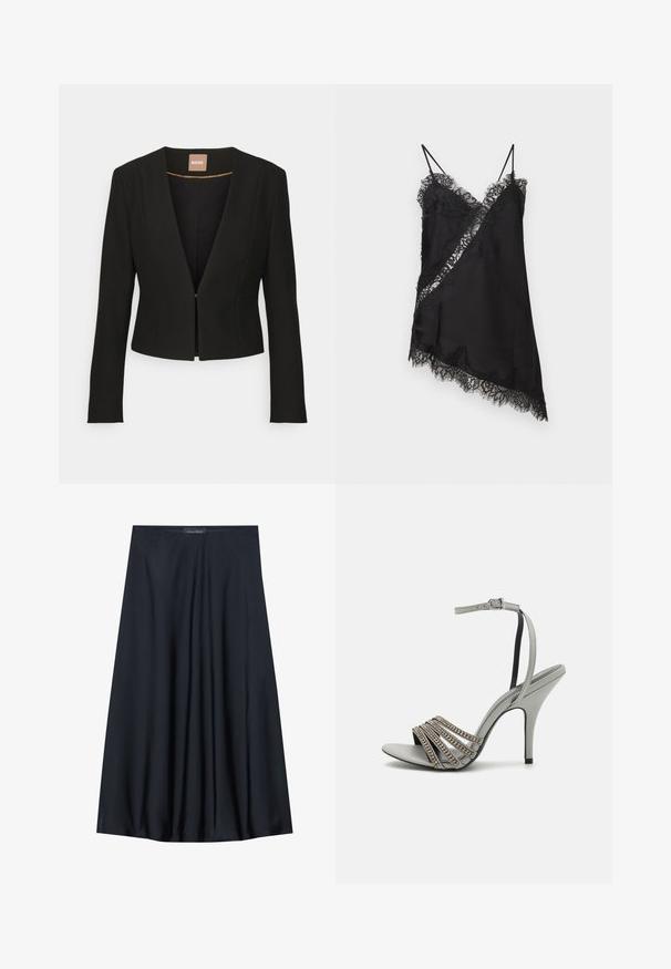 Zwarte cropped blazer met een diepe V-hals, lange mouwen en een enkele sluiting aan de voorkant. Gemaakt van een gladde, stevige stof met een subtiele glans.; Zwarte asymmetrische slipjurk met kanten rand, diagonaal kanten paneel en dunne schouderbandjes op een lichte achtergrond.; Zwarte, knielange rok van lichtgewicht stof met een vloeiende uitstraling. Kenmerkt zich door een gladde textuur en subtiele plooien voor extra detail.; Grijze hoge hak sandaal met een gladde textuur, met vijf parallelle banden versierd met kleine decoratieve steentjes en een smalle enkelband.