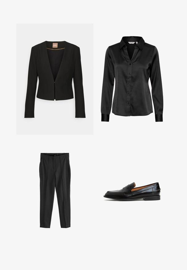 Sort cropped blazer med dyb V-udskæring, lange ærmer og en enkelt frontlås. Lavet af et glat, robust stof med en subtil glans.; Sort silkeblus med krave, lange ærmer og knaplukning foran. Har en glat tekstur og subtil glans.; Sorte tapered bukser med en glat tekstur, der har to forreste lynlås lommer og fold i fronten for en struktureret design.; Sorte læder loafers med et elegant design, der har en bred rem over vristen, rund tå og flad sål. Glat tekstur med minimal syning.