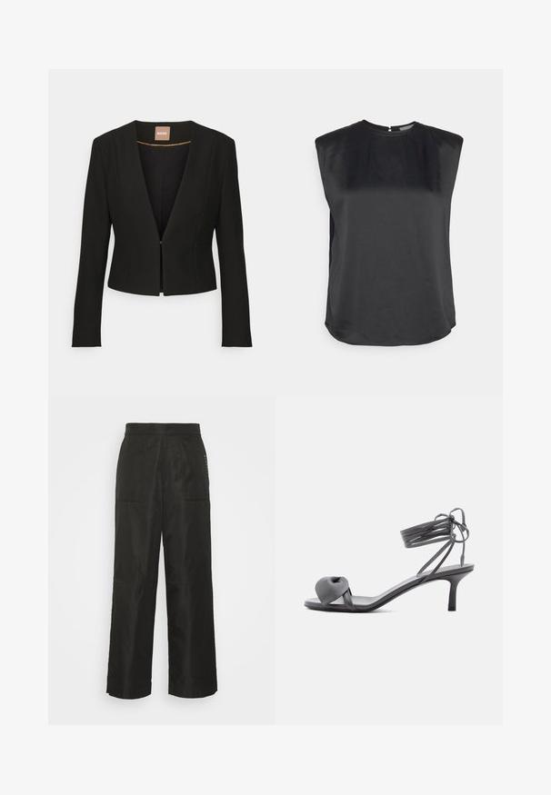 Zwarte cropped blazer met een diepe V-hals, lange mouwen en een enkele sluiting aan de voorkant. Gemaakt van een gladde, stevige stof met een subtiele glans.; Zwarte mouwloze top met een hoge halslijn, een gladde textuur, een afgeronde zoom en een keyhole sluiting aan de achterkant. Eenvoudig ontwerp zonder patronen.; BLANCHE ELAYNE PANTS - Broek - black; Grijze leren sandaal met hak, voorzien van een geknoopte band bij de tenen en wikkellinten rond de enkel op een slanke sandaal met een middenhoge hak, tegen een witte achtergrond.