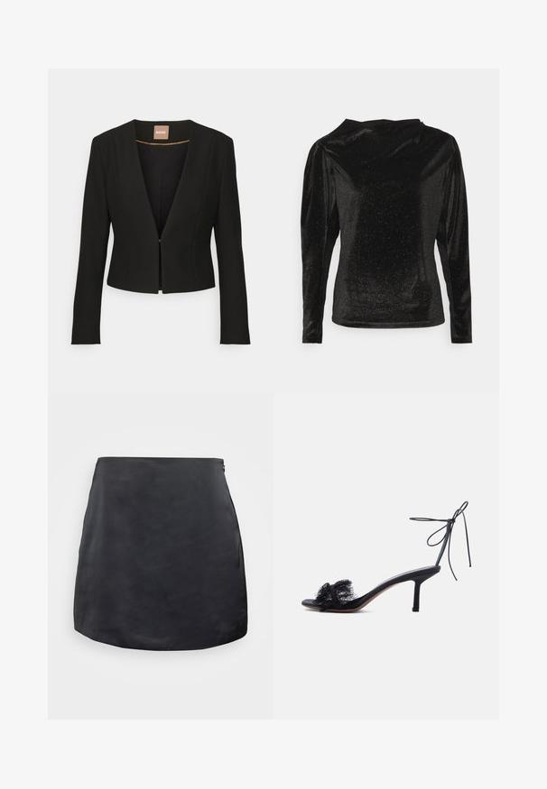 Sort cropped blazer med dyb V-udskæring, lange ærmer og en enkelt frontlås. Lavet af et glat, robust stof med en subtil glans.; Sort langærmet top lavet af fløjl, med høj hals og subtil glimmermønster for tekstur. Tætsiddende silhuet.; Proenza Schouler White Label SKIRT - Mini skirts - black; Sort åben tå sandaler med høje hæle, ankelrem og blonde detaljer på den forreste rem mod en ensfarvet lys baggrund.