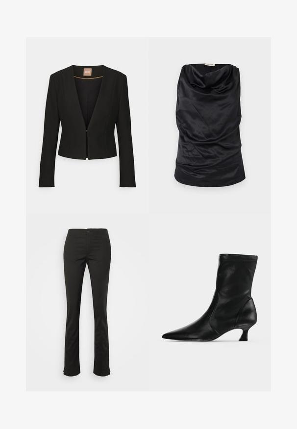 Sort cropped blazer med dyb V-udskæring, lange ærmer og en enkelt frontlås. Lavet af et glat, robust stof med en subtil glans.; Sort top med cowl-krave lavet af glat stof, med draperet design, blød tekstur og tætsiddende silhuet. Sømfri finish langs kanten.; Filippa K ZIP TROUSERS - Bukser - black; Sort læderstøvle til midt på læggen med spids tå og lav kittenhæl, vist fra siden på en ensartet lys baggrund.