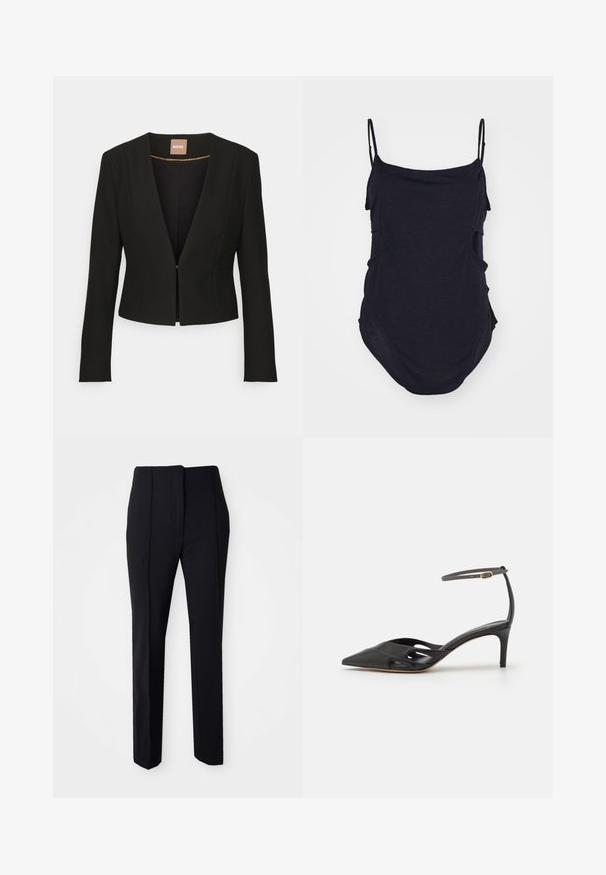 Sort cropped blazer med dyb V-udskæring, lange ærmer og en enkelt frontlås. Lavet af et glat, robust stof med en subtil glans.; Sort ærmeløs top med tynde stropper, lavet af blødt stof. Har draperede sider og en afrundet kant for en afslappet pasform.; Sorte skræddersyede bukser med lige ben i et glat stof, der har flad front og sidelommer for funktionalitet.; Sort læder højhælet sko med spids tå, åbne sider og en tynd ankelrem med en lille guld detalje.