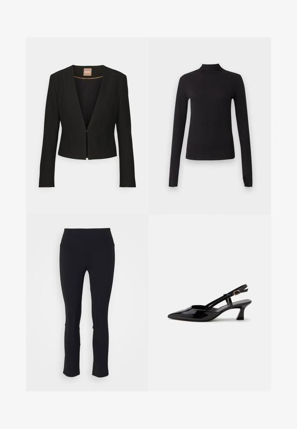 Blazer negro cortado con un profundo escote en V, mangas largas y un único cierre frontal. Hecho de una tela suave y resistente con un brillo sutil.; Camiseta negra ajustada de manga larga con cuello alto, mostrada sobre un fondo gris claro liso.; Veronica Beard ZIP BACK PANT - Pantalones - black; Zapato slingback de charol negro con tacón bajo, punta puntiaguda y correa ajustable con hebilla dorada sobre fondo blanco.