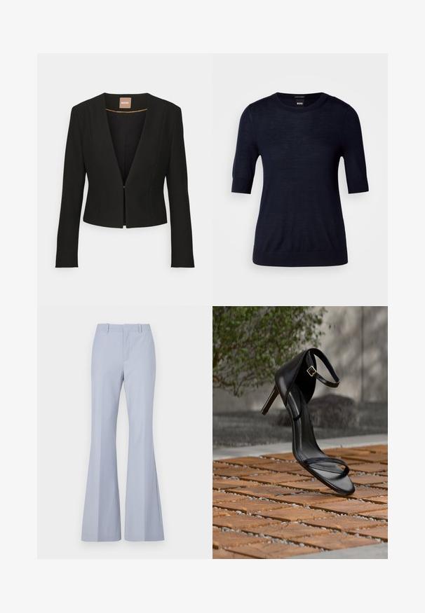 Sort cropped blazer med dyb V-udskæring, lange ærmer og en enkelt frontlås. Lavet af et glat, robust stof med en subtil glans.; Marineblå kortærmet sweater lavet af let strikket stof. Har en rund halsudskæring og ribbede kanter for en tætsiddende look.; Lyseblå flared bukser med en glat tekstur, der har en flad front, to sidelommer og et rent liv.; Sort højhælet sandal med ankelsnor, der ser ud til at svæve over et trægulv udendørs med sløret grønt og sten i baggrunden.