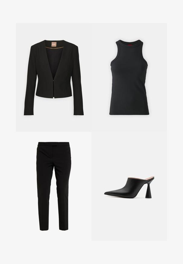 Zwarte cropped blazer met een diepe V-hals, lange mouwen en een enkele sluiting aan de voorkant. Gemaakt van een gladde, stevige stof met een subtiele glans.; Zwarte mouwloze tanktop gemaakt van rekbare stof. Heeft een ronde hals en een aansluitende snit met minimale stikdetails.; Zwarte getailleerde broeken van een zachte stof, met een vlakke voorkant, zijzakken en een strakke silhouet. Geen zichtbare sluitingen.; Zwarte leren muiltjes met een spitse neus en een unieke kegelvormige hak. Glad oppervlak en minimalistisch ontwerp, open achterkant voor gemakkelijk aan- en uittrekken.