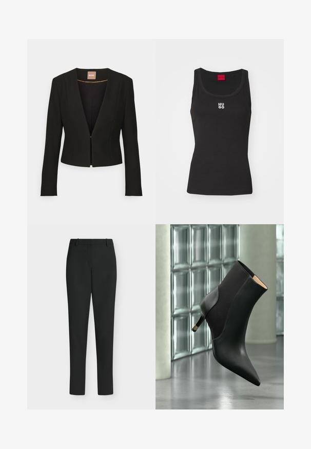 Zwarte cropped blazer met een diepe V-hals, lange mouwen en een enkele sluiting aan de voorkant. Gemaakt van een gladde, stevige stof met een subtiele glans.; Zwarte tanktop van katoen met een ronde halslijn en zonder mouwen. Voorzien van een wit "HUGO" logo in het midden. Eenvoudig en aansluitend ontwerp.; Zwarte slim fit broek met riemlussen, voorrits en rechte pijpen, getoond tegen een witte achtergrond.; Zwart enkellaarsje met spits toelopende neus, kittenhak en zijpaneel, zwevend boven een reflecterende vloer voor glasblokramen.