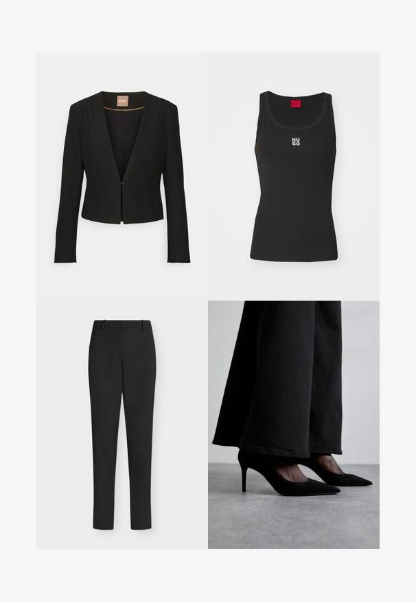 Sort cropped blazer med dyb V-udskæring, lange ærmer og en enkelt frontlås. Lavet af et glat, robust stof med en subtil glans.; Sort tanktop lavet af bomuld med rund halsudskæring og uden ærmer. Har hvid "HUGO" logo i midten. Enkel og tætsiddende design.; Sorte, tætsiddende bukser med bæltestropper, forlynlås og lige ben, vist mod en hvid baggrund.; Sorte ruskind højhælede sko med spidse tæer, båret med sorte brede bukser, har et slankt design og en subtil glans.