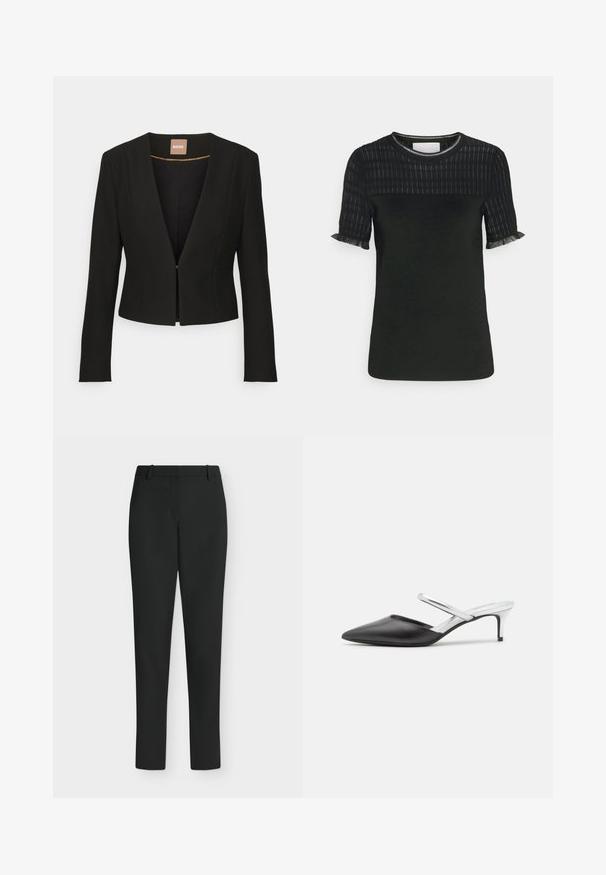 Blazer negro cortado con un profundo escote en V, mangas largas y un único cierre frontal. Hecho de una tela suave y resistente con un brillo sutil.; 3.1 Phillip Lim OTTOMAN FITTED - Camiseta básica - black midnight; Pantalones negros de corte ajustado con trabillas para cinturón, cremallera frontal y piernas rectas, mostrados sobre un fondo blanco.; Zapatos de tacón abierto de piel negra con puntera puntiaguda, que cuentan con una correa de tobillo plateada y un tacón metálico bajo. Acabado texturizado en el material.