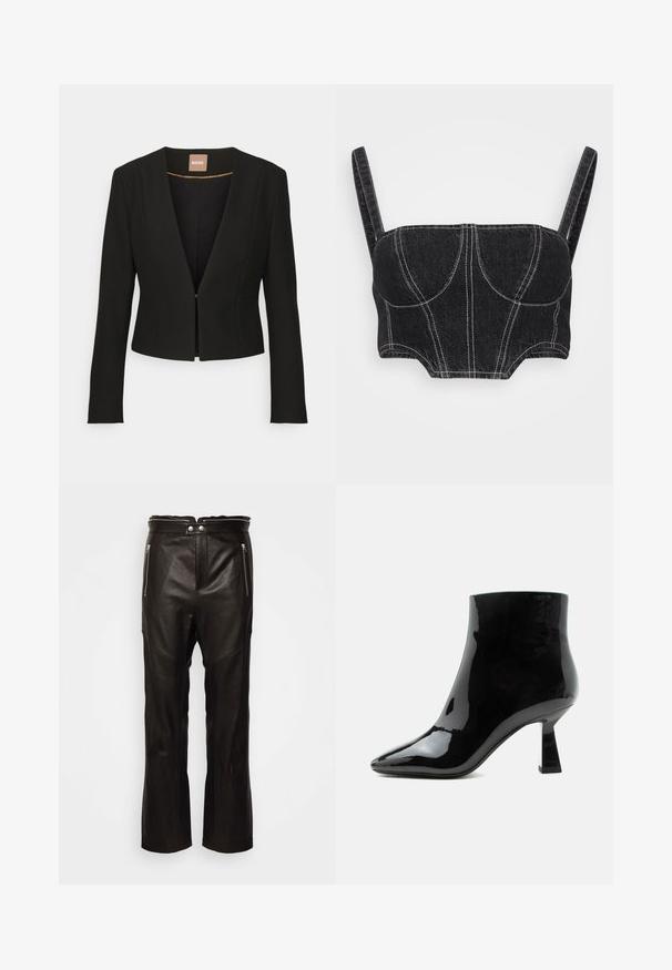 Zwarte cropped blazer met een diepe V-hals, lange mouwen en een enkele sluiting aan de voorkant. Gemaakt van een gladde, stevige stof met een subtiele glans.; Zwarte denim cropped top met dunne bandjes, voorzien van witte stiksels, gestructureerde corsage en gebogen naden. Glad textuur en aansluitend ontwerp.; rag & bone SEDONA MOTO PANT - Leren broek - black; Zwarte glanzende lakleren enkellaars met spitse neus en uitlopende middelhoge hak op witte achtergrond.