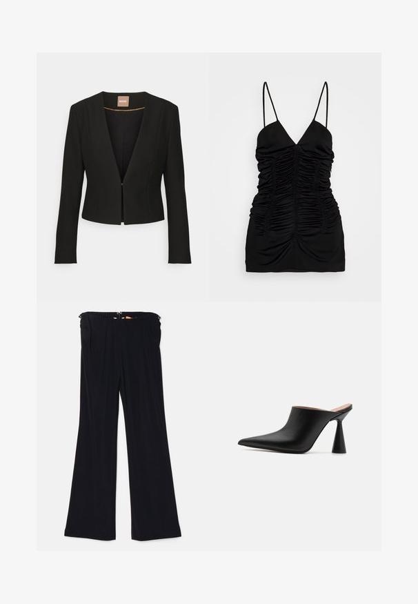 Schwarze, verkürzte Jacke mit tiefem V-Ausschnitt, langen Ärmeln und einem einzelnen vorderen Verschluss. Hergestellt aus einem glatten, robusten Stoff mit einem dezenten Glanz.; BITE Studios SIRENE - Top - black; Schwarze weit geschnittene Hosen aus weichem Stoff, mit einem elastischen Bund und Seitentaschen. Das Design weist eine glatte Textur ohne sichtbare Muster auf.; Schwarze Leder-Mules mit spitzem Zehenbereich und einzigartigem kegelförmigem Absatz. Glatte Textur und minimalistisches Design, offener Rücken für einfaches Anziehen.