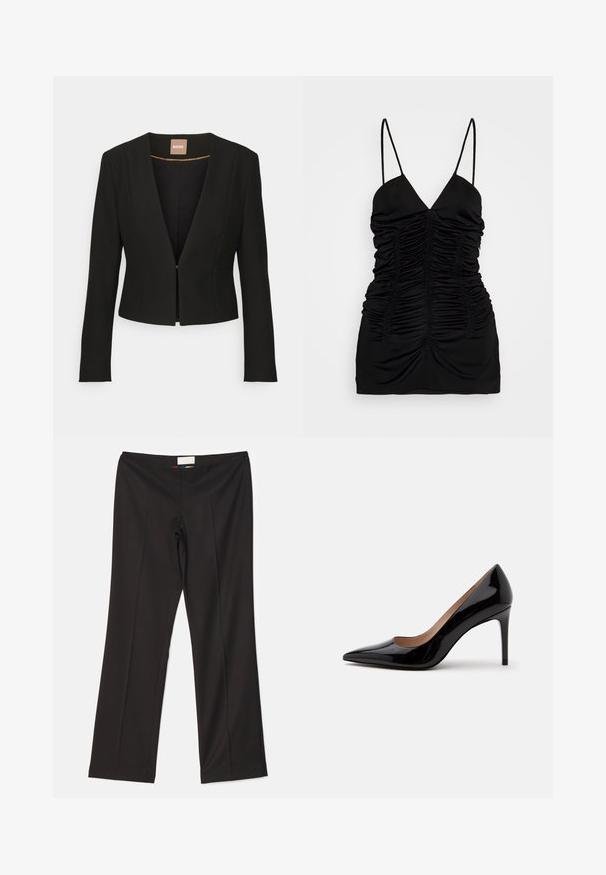 Schwarze, verkürzte Jacke mit tiefem V-Ausschnitt, langen Ärmeln und einem einzelnen vorderen Verschluss. Hergestellt aus einem glatten, robusten Stoff mit einem dezenten Glanz.; BITE Studios SIRENE - Top - black; Sara Battaglia HIGH WAIST PANTS - Stoffhose - black; Schwarzer Lackleder-Pumps mit hohem Absatz, spitzer Schuhspitze und Stilettabsatz, seitlich auf einem schlichten weißen Hintergrund dargestellt.