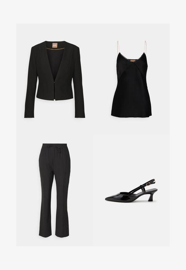 Schwarze, verkürzte Jacke mit tiefem V-Ausschnitt, langen Ärmeln und einem einzelnen vorderen Verschluss. Hergestellt aus einem glatten, robusten Stoff mit einem dezenten Glanz.; N°21 Top - nero; Schwarze Hose mit Kordelzugbund, schmaler Passform und dekorativen Knopfdetails am Saum. Glattes Material mit einem leichten Glanz.; Schwarzer Slingback-Pumps aus Lackleder mit spitzer Spitze und verstellbarem goldfarbenem Riemen auf weißem Hintergrund.