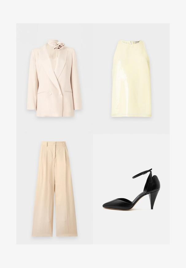 Blazer crème croisé avec revers crantés, deux poches avant et un accessoire floral crème assorti sur un col montant.; Haut sans manches de couleur jaune clair avec une texture lisse, doté d'un panneau brillant à l'avant et d'une petite fermeture éclair au dos.; Pantalon beige taille haute à jambes larges avec passants de ceinture et fermeture éclair devant sur un fond uni clair.; Escarpin en cuir noir à bout pointu avec bride à la cheville et talon conique sur fond blanc.