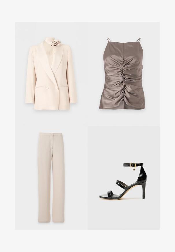 Blazer crème croisé avec revers crantés, deux poches avant et un accessoire floral crème assorti sur un col montant.; Camisole en taupe soyeux avec des bretelles réglables, présentant des fronces à l'avant et une fermeture éclair sur le côté, texture lisse et silhouette ajustée.; Pantalon beige à jambes droites, taille haute, fermeture par boutons et détails subtils de coutures avant sur fond uni.; Sandale en cuir verni noir avec trois brides, boucle de cheville et talon aiguille de 10 cm. Présente un détail en métal doré et un charm logo.