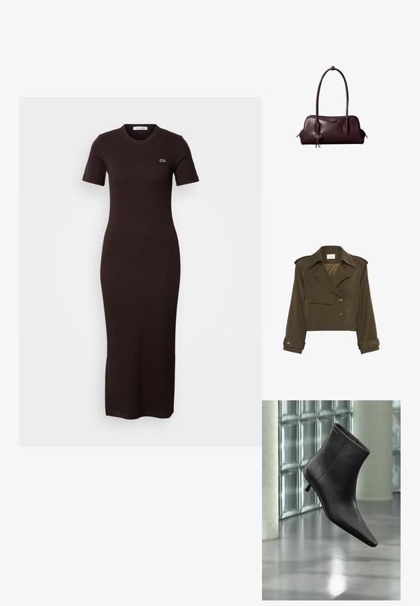 Veste cropped vert olive avec un design croisé, grands revers, deux poches avant et détails de boutons sur les poignets.; Robe midi marron foncé, cintrée, à manches courtes, col rond, avec un petit logo brodé sur la partie supérieure gauche de la poitrine.; Bottine en cuir noir avec bout pointu et petit talon, présentée devant un mur en blocs de verre et un sol poli.; Sac à main en cuir brun foncé Calvin Klein avec de longues poignées doubles et un petit porte-clé logo suspendu à une poignée.