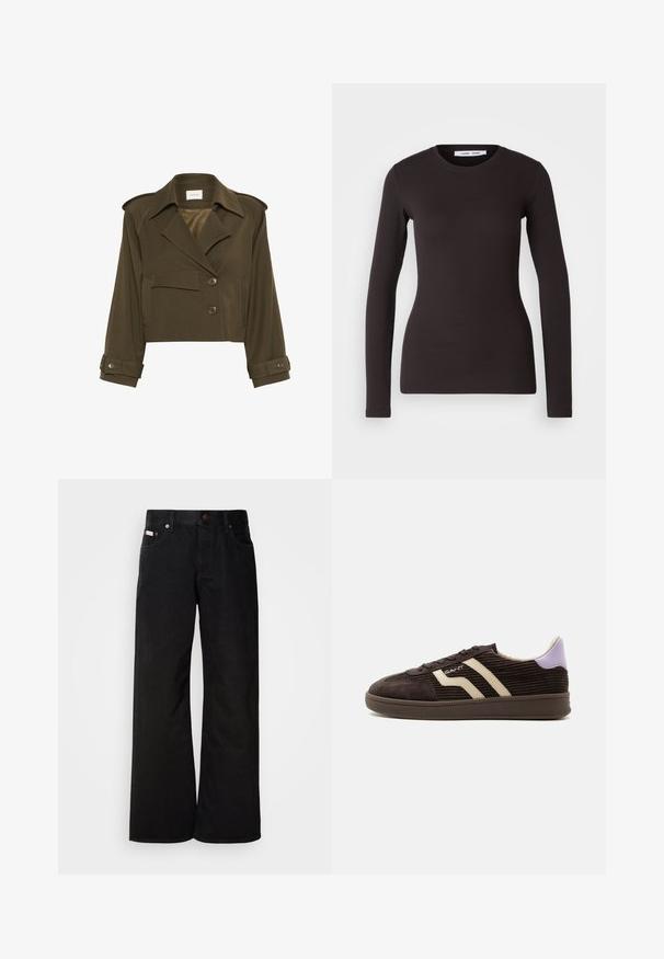 Veste cropped vert olive avec un design croisé, grands revers, deux poches avant et détails de boutons sur les poignets.; Haut noir à manches longues en tissu doux et extensible. Il présente un col rond et une coupe ajustée avec une texture lisse et sans motifs visibles.; Jean large noir en coton. Présente des poches avant, une fermeture à bouton, et une texture denim classique. Design minimaliste sans motifs.; Baskets en velours côtelé marron foncé avec des bandes latérales beiges, design à lacets, languette de talon violette et semelle en caoutchouc sur fond blanc.