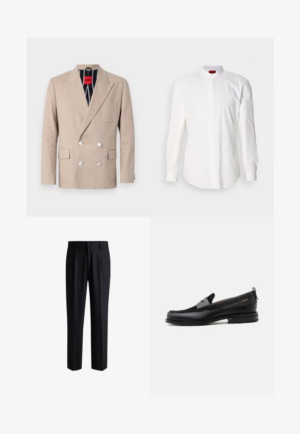 Blazer beige de doble botonadura hecho de tela texturizada, con cuatro botones blancos, solapas con muesca y un bolsillo en el pecho. Forrado con tela a rayas.; Camisa blanca de manga larga con cuello alto, confeccionada en algodón. Presenta una tapeta frontal, diseño minimalista y una sutil marca en el interior del cuello.; Pantalones negros de tela suave, con un diseño de pierna recta, pliegues en la parte delantera y cierre de botón con trabillas para cinturón.; Mocasín de cuero negro con detalle de tira gris, tacón bajo y suela texturizada, con la marca "HUGO" en oro en el lateral.