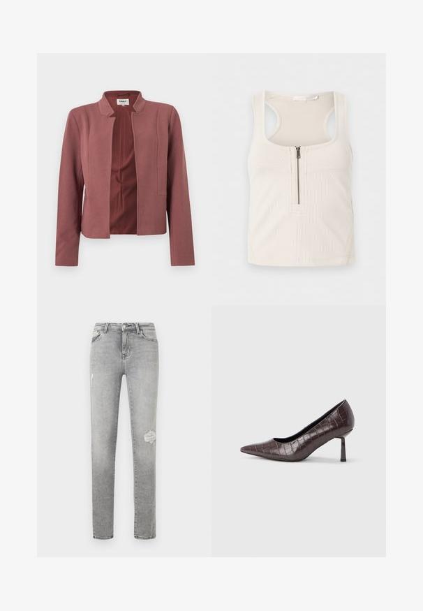 Blazer sur mesure rose avec devant ouvert, col cranté, manches longues et texture subtile sur le tissu.; Débardeur crème à côtes avec fermeture éclair à l'avant et larges bretelles, fabriqué en tissu extensible.; Jean slim gris clair à taille haute, avec fermeture par bouton et fermeture éclair, poches avant, et légère usure subtile sur les cuisses.; Escarpins à bout pointu en similicuir marron avec une texture crocodile, dotés d’un talon fin et angulaire ainsi que d’une doublure intérieure lisse.