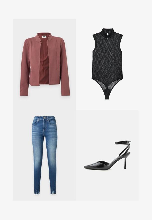 Blazer sur mesure rose avec devant ouvert, col cranté, manches longues et texture subtile sur le tissu.; Body en dentelle noire avec un col haut et sans manches. Présente des motifs diamants raffinés et une coupe string. Matière douce et texturée.; Jean skinny taille haute bleu avec détails délavés sur les cuisses, style cinq poches, fermeture par bouton et zip, et ourlets effilochés.; Escarpin noir à bout pointu avec fines brides de cheville et fermeture à boucle argentée sur fond clair uni.