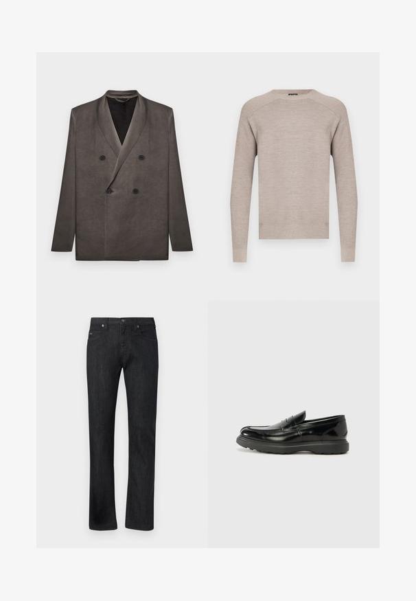 Blazer gris foncé croisé avec revers à pointe et quatre boutons noirs, présenté à plat sur un fond blanc.; Pull en maille beige avec un col rond, manches longues et bords-côtes aux poignets et à l'ourlet. Texture lisse avec un motif subtil et uniforme.; Jean noir droit avec cinq poches, passants pour ceinture, fermeture par bouton, et un logo discret de la marque sur la poche avant droite.; Mocassin en cuir noir avec une finition brillante, bout arrondi, détails de couture subtils et semelle en caoutchouc épaisse pour la durabilité.