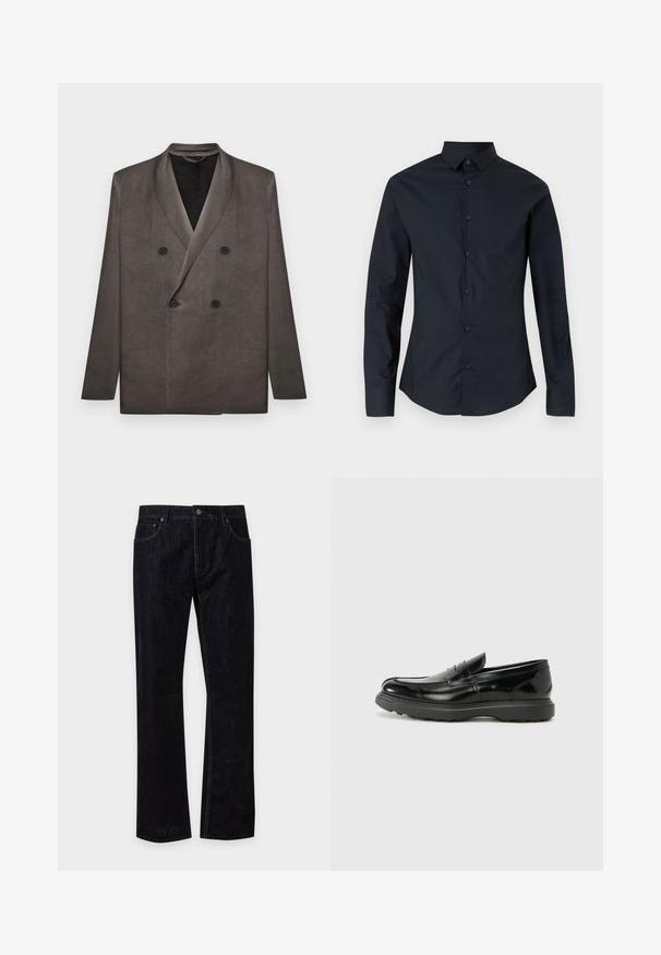Blazer gris foncé croisé avec revers à pointe et quatre boutons noirs, présenté à plat sur un fond blanc.; Chemise noire à manches longues avec un col pointu, fermeture à boutons sur le devant et coupe slim. Confectionnée en tissu lisse, elle présente un discret broderie de logo.; Jean en denim noir à jambes droites, fermeture avant par bouton et zip, deux poches avant et passants pour ceinture sur fond uni.; Mocassin en cuir noir avec une finition brillante, bout arrondi, détails de couture subtils et semelle en caoutchouc épaisse pour la durabilité.