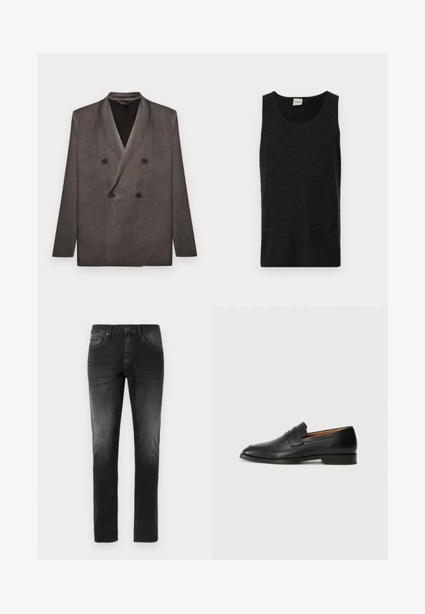 Blazer gris foncé croisé avec revers à pointe et quatre boutons noirs, présenté à plat sur un fond blanc.; Débardeur noir sans manches en matériau texturé. Doté d'un col rond et d'un accent logo discret près de l'ourlet. Design simple.; Jean en denim noir avec une coupe slim, présentant des détails délavés, cinq poches et une fermeture éclair. Texture lisse et design classique.; Mocassin en cuir noir avec un bout arrondi, des coutures subtiles et un talon bas, présentant une texture lisse et un design minimaliste.