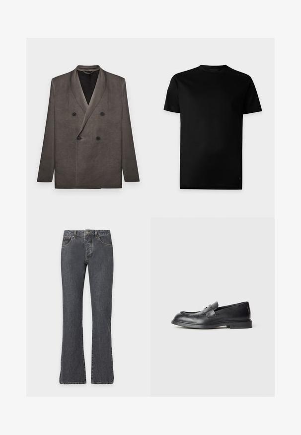 Blazer gris foncé croisé avec revers à pointe et quatre boutons noirs, présenté à plat sur un fond blanc.; T-shirt noir uni à manches courtes et col rond, présenté de face sur un fond gris clair.; Jean en denim noir délavé avec fermeture par bouton et zip, poches avant, passants pour ceinture et jambes légèrement évasées.; Mocassins en cuir noir avec une finition texturée, dotés d'une bride décorative à l'avant et d'un bout arrondi. Semelle en caoutchouc pour plus de durabilité.