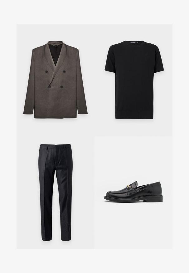 Blazer gris foncé croisé avec revers à pointe et quatre boutons noirs, présenté à plat sur un fond blanc.; T-shirt noir à manches courtes avec col rond, ourlet droit et logo subtil sur la poitrine, sur fond uni.; Pantalon noir sur mesure avec un motif texturé subtil, pli avant, passants de ceinture et fermeture éclair.; Mocassins en cuir noir avec un embout rond, présentant des accents en métal doré et des détails de couture, montés sur une semelle en caoutchouc texturé et basse.