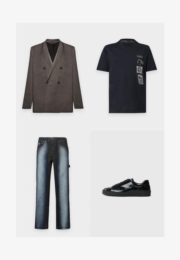 Blazer gris foncé croisé avec revers à pointe et quatre boutons noirs, présenté à plat sur un fond blanc.; T-shirt noir à manches courtes avec encolure ronde, présentant quatre patchs graphiques blancs avec texte et motifs sur le côté supérieur gauche devant.; Jean bleu foncé avec un design ombré, passant d'un noir profond à un bleu plus clair, avec un style classique à cinq poches et une texture lavée claire.; Baskets en cuir verni noir avec un bout arrondi, un laçage, une semelle en caoutchouc texturé et une finition lisse.