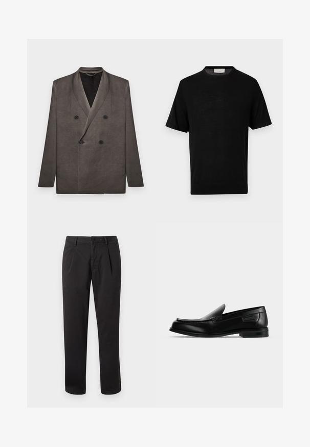 Blazer gris foncé croisé avec revers à pointe et quatre boutons noirs, présenté à plat sur un fond blanc.; T-shirt en maille noire à manches courtes avec col rond et poignets côtelés, étiquette à l'intérieur du col indiquant "Tiger of Sweden 1903".; Pantalon en coton noir avec une coupe à taille plate, jambes droites, et fermeture par bouton. Comprend des poches latérales et des détails de couture visibles.; Mocassin noir en cuir à enfiler avec un petit talon, un bout arrondi et des surpiqûres décoratives le long du bord supérieur.