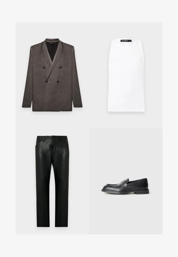 Blazer gris foncé croisé avec revers à pointe et quatre boutons noirs, présenté à plat sur un fond blanc.; Débardeur blanc sans manches en tissu côtelé avec encolure ronde et étiquette de marque Karl Lagerfeld à l'intérieur du col, taille moyenne.; Pantalon droit en similicuir noir avec poches avant, passants pour ceinture et fermeture par bouton.; Mocassins en cuir noir avec une finition texturée, dotés d'une bride décorative à l'avant et d'un bout arrondi. Semelle en caoutchouc pour plus de durabilité.