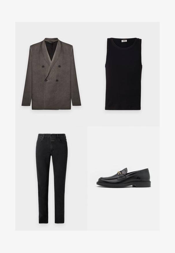 Blazer gris foncé croisé avec revers à pointe et quatre boutons noirs, présenté à plat sur un fond blanc.; Débardeur noir sans manches en coton doux. Il présente une encolure ronde et une coupe droite, avec des détails de couture minimaux.; Jean slim noir avec cinq poches, fermeture par bouton et passants de ceinture posés à plat sur un fond clair.; Mocassins en cuir noir avec un embout rond, présentant des accents en métal doré et des détails de couture, montés sur une semelle en caoutchouc texturé et basse.
