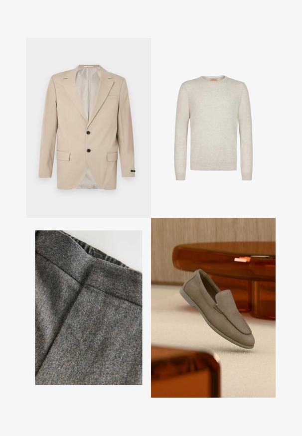 Beige blazer med en lukning af to knapper, klippet lapel, forlommer og en enkelt brystlomme. Glat stof med en skræddersyet pasform.; Beige crew-neck sweater lavet af blødt strikstof. Har lange ærmer samt ribbede manchetter og kant. Minimalistisk design med en glat tekstur.; Grå uldblandingsbukser med en glat tekstur, der har en bred talje og en ren, klassisk pasform. Subtile farveprikker er til stede.; Beige ruskind slip-on loafer med synlige syninger og lys sål, placeret over cremefarvet tæppe med orange gennemsigtigt møbel i baggrunden.