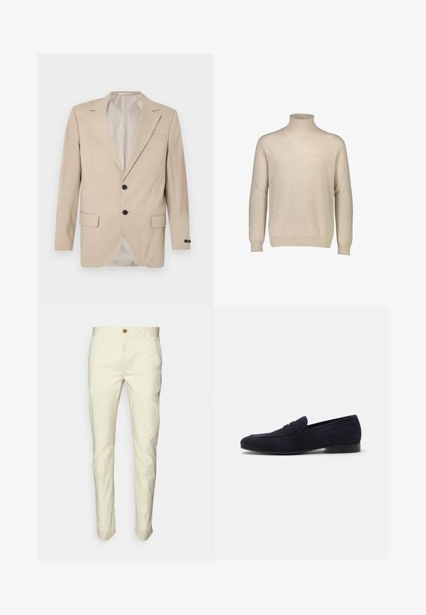Beige bleiseri, jossa on kaksipainikkeinen kiinnitys, kaarevat läpät, etutaskut ja yksittäinen rintatasku. Sujuva kangas suurella istuvuudella.; Beige turtleneck neule, joka on valmistettu pehmeästä ja kevyestä materiaalista. Ominaisuuksina pitkät hihat, ribbimmäiset hihansuut ja yksinkertainen, klassinen muotoilu.; Vaaleanbeiget suorat chinot, valmistettu puuvillakankaasta, jossa on napitus ja etutaskut. Sileä rakenne, minimaalinen yksityiskohtien määrä.; Miesten klassinen laivastonsininen mokkanahkainen loafer matalalla korolla ja hihnalla päällä, esitetty sivuprofiilissa valkoisella taustalla.