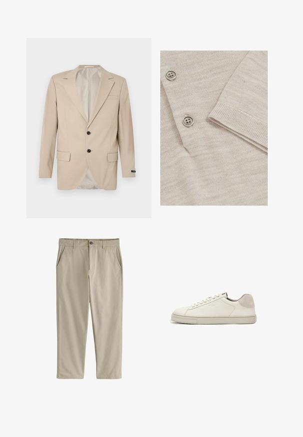 Beige blazer med en lukning af to knapper, klippet lapel, forlommer og en enkelt brystlomme. Glat stof med en skræddersyet pasform.; Lys beige cardigan med en fin strikstruktur. Har tre metalliske knapper og ribbede manchetter for et struktureret finish.; Beige bukser med lige ben, bæltestropper, knap foran, lynlås og skrå sidelommer på en hvid baggrund.; Hvid lavtopet lædersneaker med hvide snørebånd, let struktureret sål og lys grå ruskinds-hælpatch, sideudsigt.