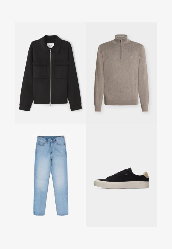 NN.07 ALBAN - Leichte Jacke - black; Langärmliger Pullover in Taupe mit halbem Reißverschluss und kleinem gesticktem Logo auf der linken Brust.; Helle blaue Denim-Jeans, gerade geschnitten, mit fünf Taschen, Metallschließe und dezentem Verblassen des Stoffes. Standard-Taillenhöhe.; Schwarzer Low-Top-Sneaker mit beigem Fersenlasche, weißer dicker Gummisohle, schwarzen Schnürsenkeln und kleinem "PS Paul Smith"-Label an der Seite.