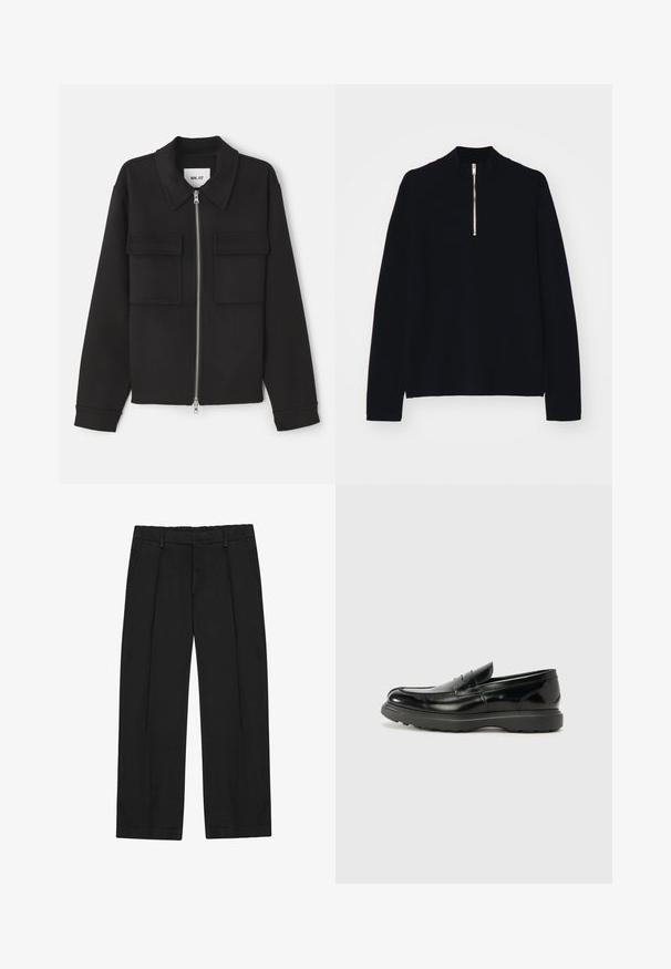 NN.07 ALBAN - Lichte jas - black; Zwarte langslavige top gemaakt van een zachte stof, met een hoge col en een halve rits aan de voorkant, in een relaxte pasvorm.; Zwarte broek met een rechte pijp, voorzien van plooien, zijzakken en een platte tailleband. Gemaakt van gladde stof met een matte afwerking.; Zwarte leren instapper met een glanzende afwerking, een ronde neus, subtiele stiksels en een dikke rubberen zool voor duurzaamheid.