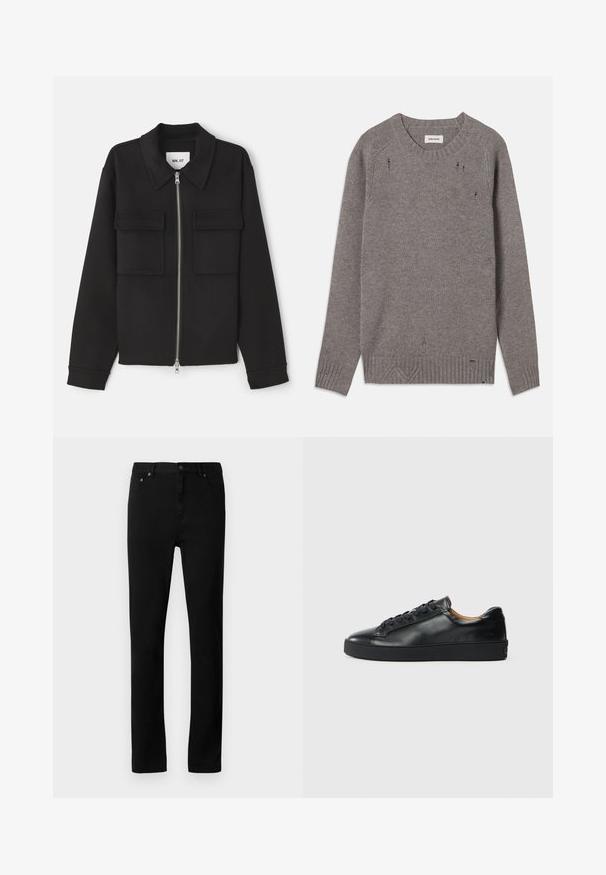 NN.07 ALBAN - Lichte jas - black; Grijze gebreide trui met een ronde hals, geribde boorden en onderrand, met subtiele slijtage-details op de schouders en onderkant.; Zwarte denim jeans met een rechte snit, vijf-pocket ontwerp, metalen hardwaredetails en een gladde, ondoorzichtige textuur.; Zwarte leren sneaker met een gladde textuur, ronde neus en vetersluiting. Heeft een dikke rubberen zool en minimale merkaanpassing.