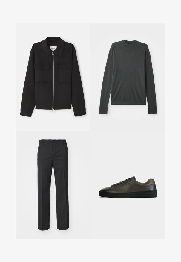 NN.07 ALBAN - Let jakke / Sommerjakker - black; Mørkegrå langærmet strikket sweater med høj, ribbet krave. Blød tekstur, afslappet pasform og ingen synlige mønstre eller hardwaredetaljer.; Filippa K TROY TROUSERS - Bukser - black; Lavtskåret mørkegrå læder sneaker med sorte snørebånd og sål, minimalistisk design, sideprofil på en ensfarvet lys baggrund.