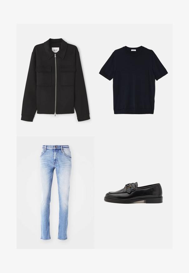 NN.07 ALBAN - Let jakke / Sommerjakker - black; sandro PABLO TEE - T-shirts basic - noir; Lyseblå denim jeans med en falmet finish, lige ben-snit, fem lommer, bæltestropper og enkelt knaplukning i taljen.; Sorte læder loafers med rund tå og en dekorativ spændeaccent. Flad, solid hæl og glat tekstur hele vejen igennem.