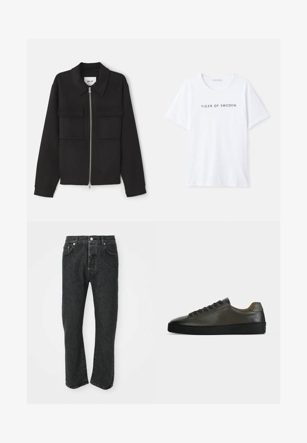 NN.07 ALBAN - Chaqueta fina - black; Camiseta blanca con cuello redondo y mangas cortas. Texto negro que dice "TIGER OF SWEDEN" centrado en la parte delantera. Textura de tela suave.; Jeans de denim negros de pierna recta con cierre frontal de botón y cremallera, bolsillos delanteros y traseros visibles sobre un fondo blanco.; Zapatilla baja de piel gris oscuro con cordones y suela negros, diseño minimalista, perfil lateral sobre un fondo claro y liso.